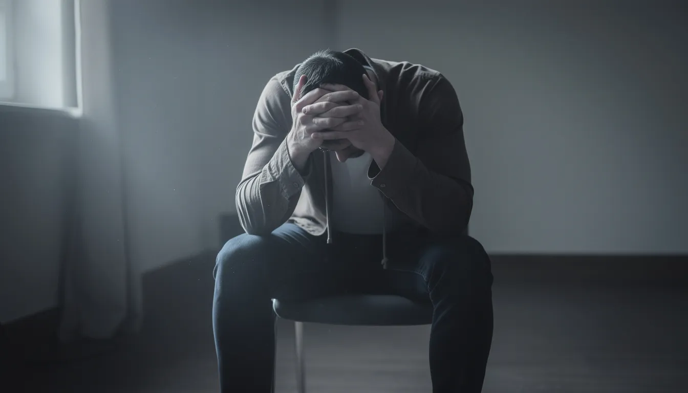 A person is sitting with their head in their hands, visibly stressed and overwhelmed by negative emotions, which can be common relapse triggers in the recovery process from substance use disorders. This emotional state highlights the importance of recognizing warning signs and seeking support to prevent relapse during addiction treatment.