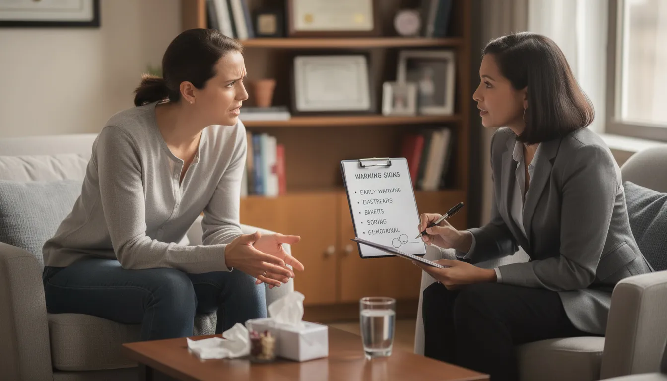 The image depicts a person engaged in a therapy session with a counselor, discussing common relapse triggers associated with substance use disorders. The atmosphere is supportive, emphasizing the importance of recognizing warning signs and managing emotional states to aid in addiction treatment and prevent relapse.
