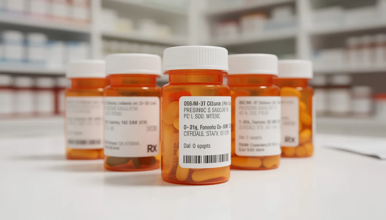 The image depicts several prescription medication bottles arranged on a pharmacy counter, highlighting the importance of understanding addiction vs dependence, particularly in relation to substances like opioids that can lead to physical dependence and withdrawal symptoms. It emphasizes the need for proper treatment options and support for those dealing with substance use disorders.