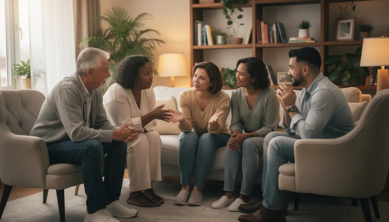 The image depicts a diverse group of individuals engaged in a supportive conversation within a warm, inviting setting, emphasizing the importance of healthy relationships and emotional support in the context of trauma-informed care. This gathering highlights the role of peer support groups in addressing unresolved trauma and fostering recovery from substance use disorders and emotional pain.