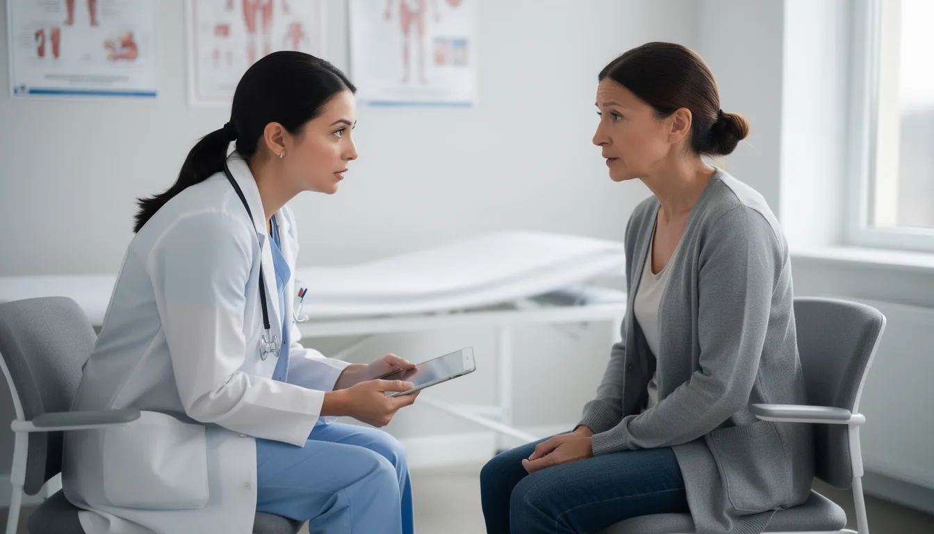 The image depicts a healthcare professional engaged in a conversation with a patient in a clinical setting, focusing on topics such as substance use disorder and the differences between addiction and dependence. The professional appears attentive, emphasizing the importance of understanding withdrawal symptoms and the psychological aspects of treatment for conditions like opioid addiction.