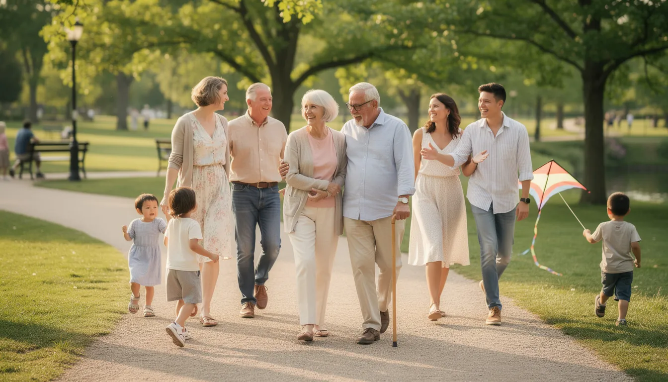The image depicts multiple generations of a family walking together in a park, symbolizing the importance of family involvement in addressing the emotional and relational cost of untreated addiction. Their connection highlights the supportive role families play in navigating challenges related to substance use disorder and mental health.