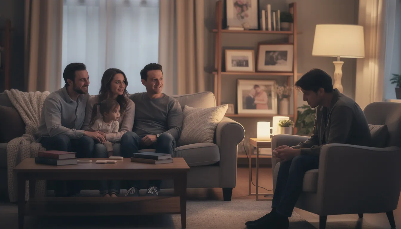 The image depicts a family gathered in a living room, with one member appearing distant and withdrawn, highlighting the emotional distress often associated with untreated addiction and its significant impact on family dynamics. This scene reflects the challenges of substance use disorder, emphasizing the need for mental health services and family therapy to address the emotional and relational costs of addiction.
