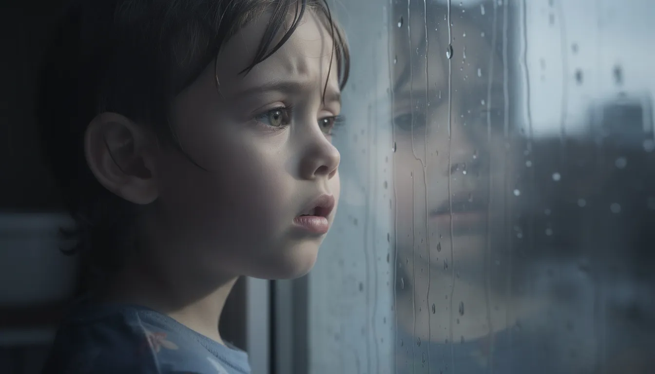 A child gazes out a rain-streaked window, wearing a sad expression that reflects emotional distress, possibly linked to the impact of untreated addiction within their family. The scene captures the profound emotional and relational cost of substance abuse, evoking a sense of longing and vulnerability.