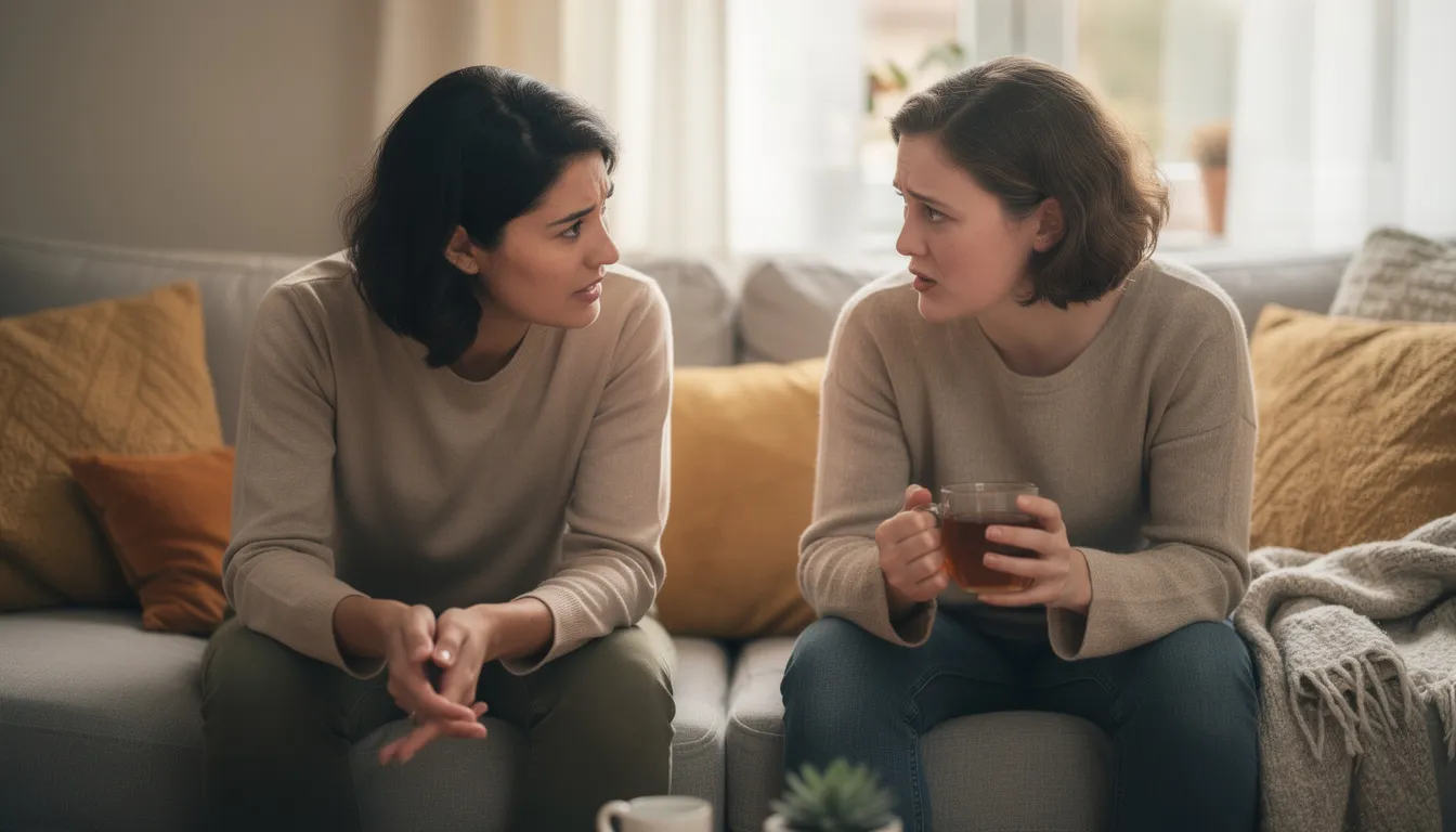 The image depicts two individuals engaged in a caring conversation while sitting closely together, conveying a sense of support and understanding. This interaction highlights the importance of discussing mental health and the complexities of addiction vs dependence, particularly in the context of substance use disorder and its psychological aspects.