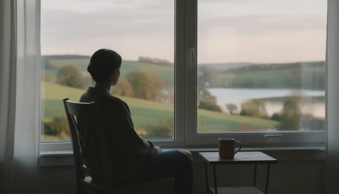 A person sits quietly by a window, gazing out at a serene landscape, reflecting a moment of peace amidst the emotional pain often associated with trauma and addiction. This image symbolizes the journey of trauma survivors seeking healthy coping mechanisms and recovery from past trauma.