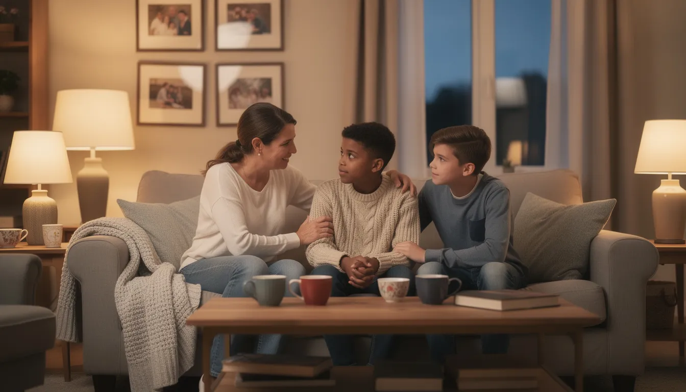 The image shows a family gathered in a cozy living room, engaged in a supportive conversation, emphasizing the importance of family support in recognizing early warning signs of substance use disorder and addressing mental health concerns. Their expressions reflect concern and care, highlighting the role of open dialogue in tackling issues related to drug addiction and emotional well-being.