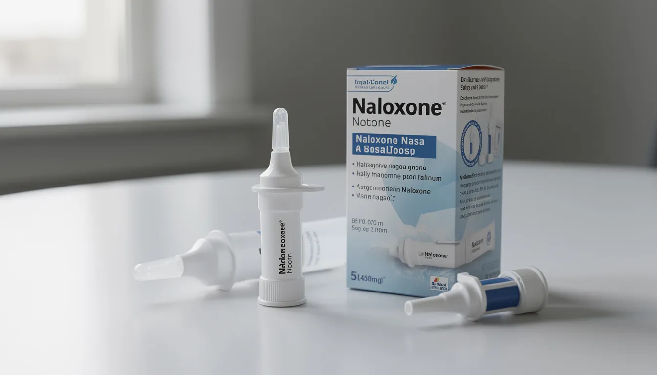 The image shows a naloxone nasal spray and its packaging placed on a table, highlighting an important tool for individuals at risk of opioid abuse and their family members. This medication is essential for recognizing early warning signs of substance use disorder and can aid in prompt intervention during a drug overdose.
