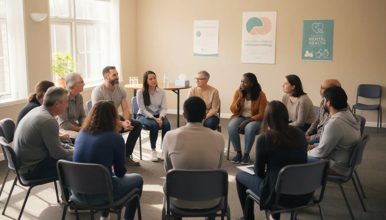 The image depicts a diverse support group sitting in a circle, engaged in a discussion about addiction and dependence, emphasizing the importance of understanding the difference between physical and psychological aspects of substance use disorders. Participants share their experiences with withdrawal symptoms and the challenges of long-term recovery, highlighting the supportive environment of addiction treatment.