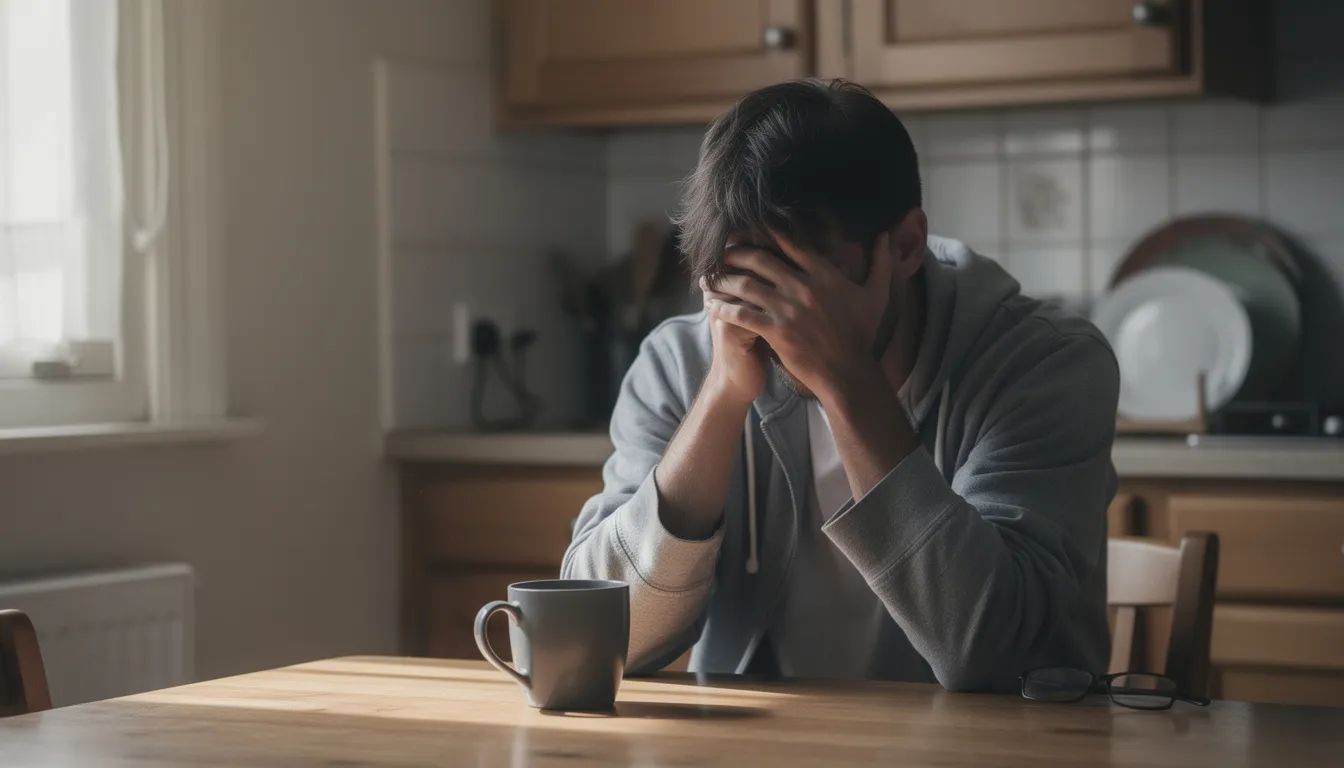 The image depicts a tired individual with their hands on their face, sitting at a kitchen table, which may suggest signs of emotional distress or mental health struggles often associated with substance use disorder. This scene could reflect early warning signs of substance use, including withdrawal symptoms or behavioral changes that may affect family members and loved ones.